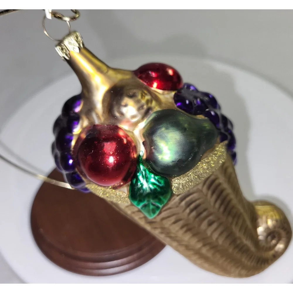 Germany Cornucopia Blow Mold Ornament Gold Harvest Fruit Thanksgiving Holiday